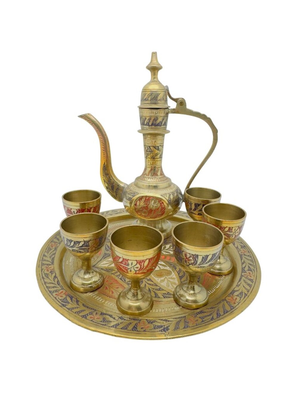 Middle Eastern Brass Tea Set Tray Teapot 6 Goblets Hand-Etched Floral Paint Vtg